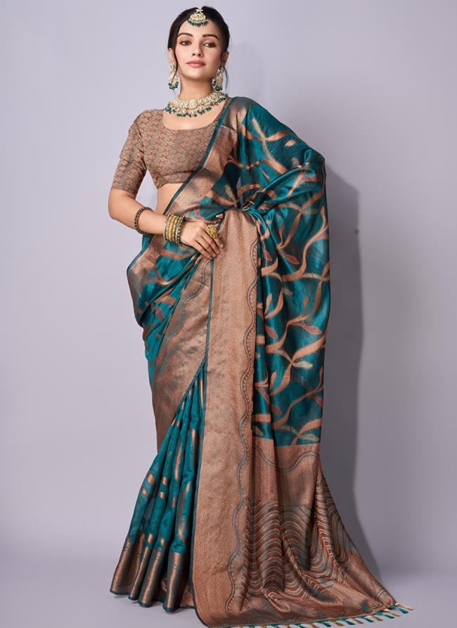 Organza Sky Blue Traditional Wear Zari Work Saree